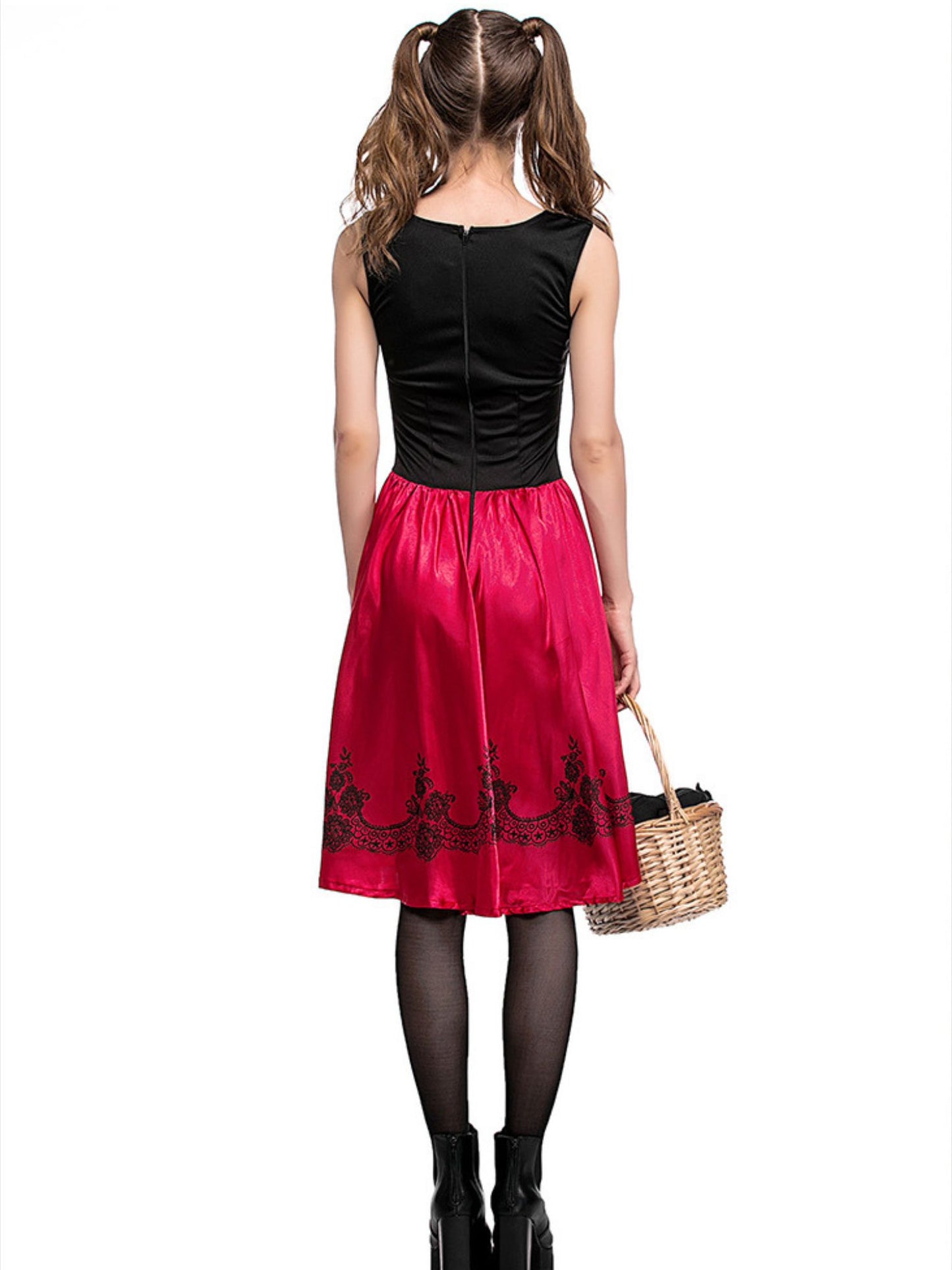 Rotes Kostümkleid mit schwarzem Oberteil von hinten