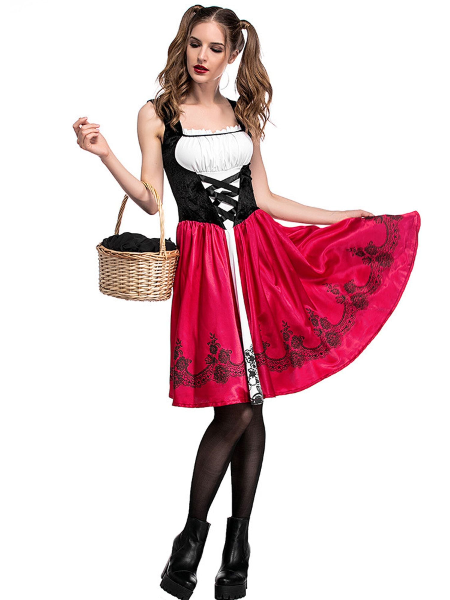 Ohne Umhang: Kleid mit schwarzem Korsett und rotem Rock