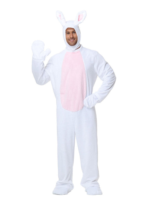 Hasen Kostüm für Herren als plüschiges Ganzkörper-Tierkostüm in Weiß und Rosa